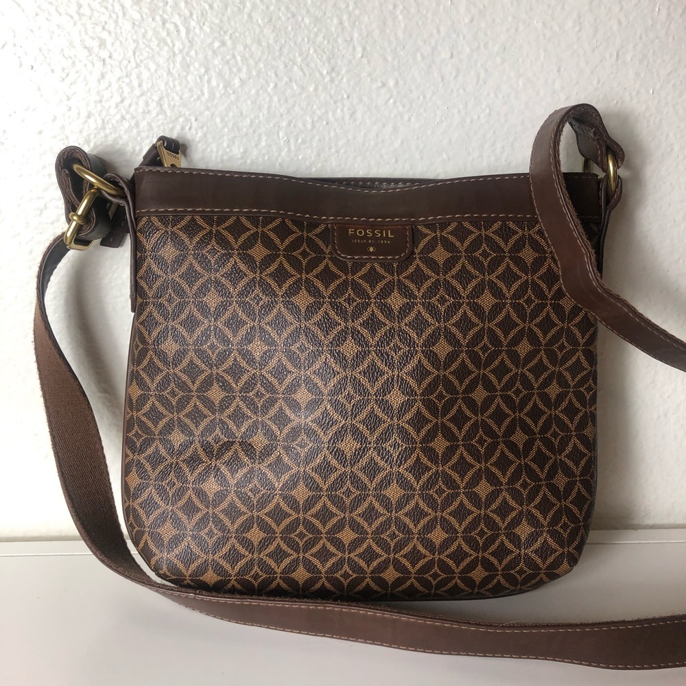 Fossil Leather Brown Print Crossbody Bag/Purse